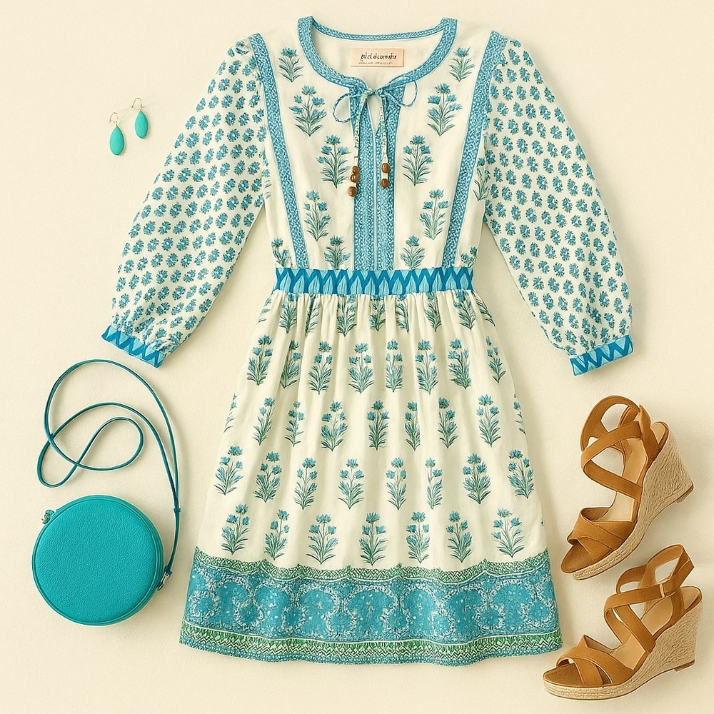 Philosophy Rep.,Blue Floral,Boho, Cotton Peasant Dress, Beaded Tassel, Size XL - Picture 2 of 13